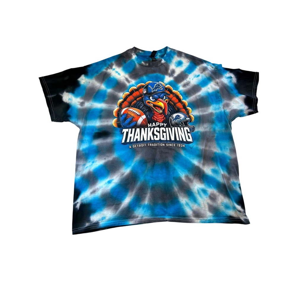 Detroit Lions Happy Thanksgiving Tie Dye T-Shirt Mens 2XL Blue Black Gildan NFL